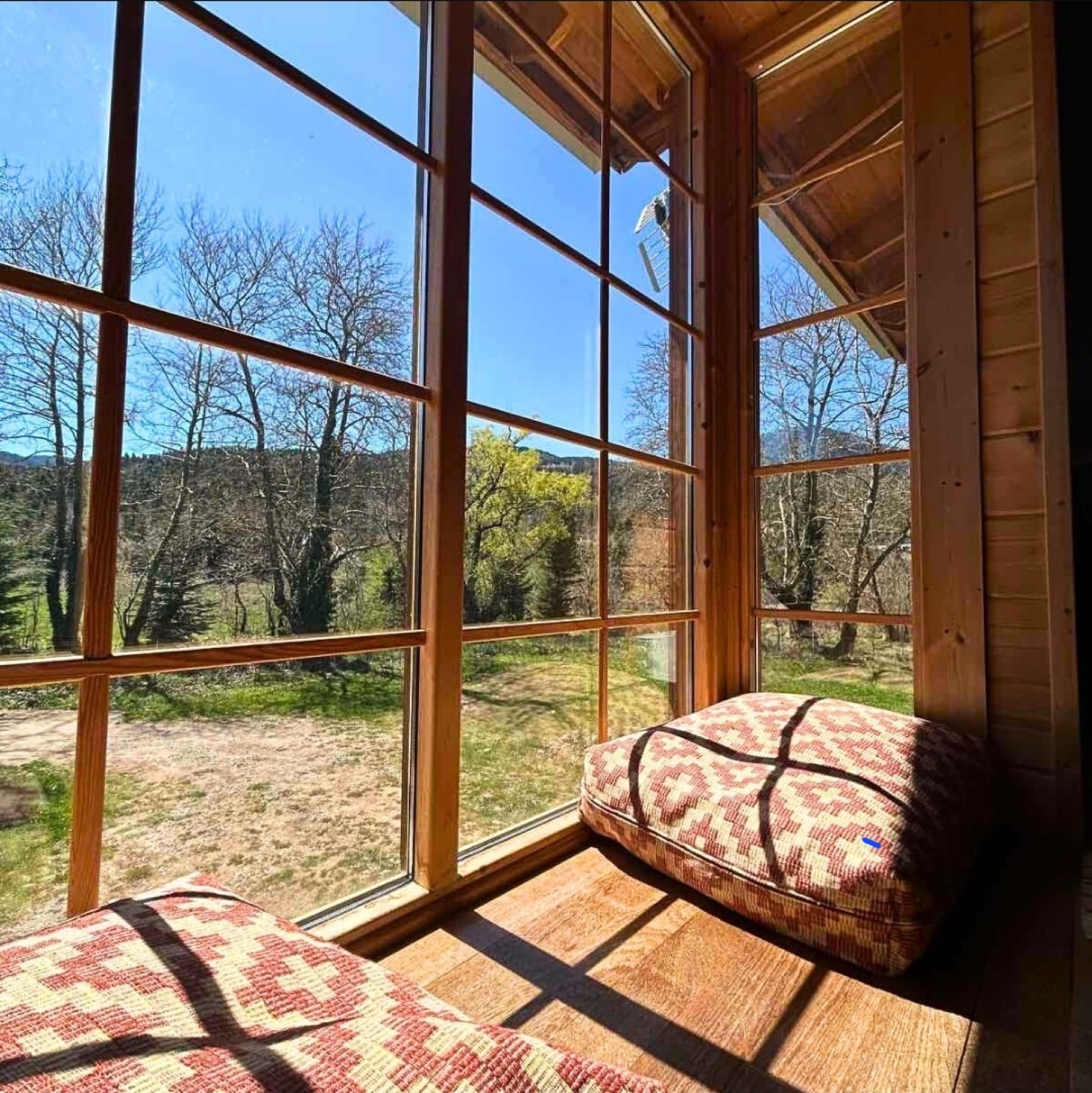 Corner window seat with cushions and forest views